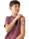 Dexcom G7 bear patch worn by young boy child friendly CGM adhesive patch with comfortable skin safe material