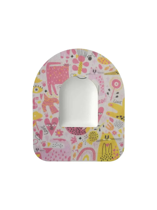 Colorful Omnipod POD patch with childhood memories design, providing secure and comfortable adhesion for up to 14 days.