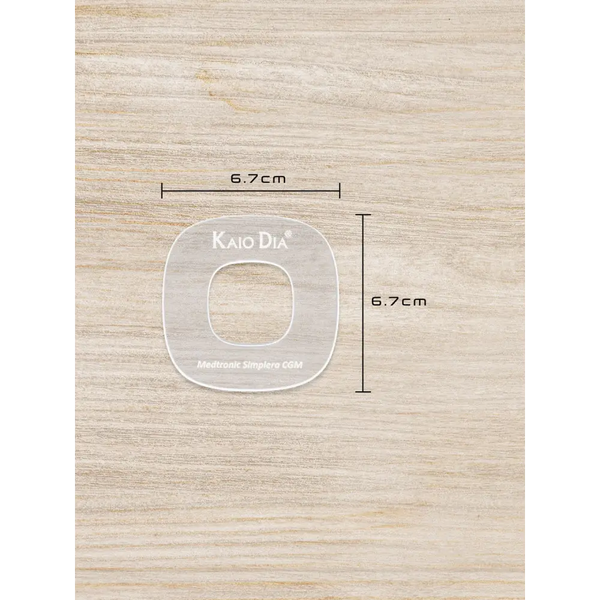 CGM Sensor Patch Template - Kaio-Patch Template on wooden background with dimensions.