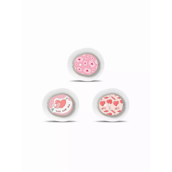 Valentine-themed Dexcom G7 sensor stickers with heart designs, set of 3.