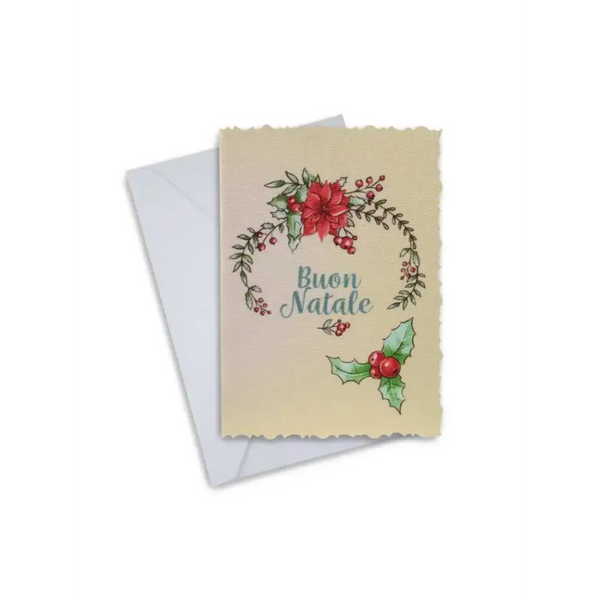 Elegant Christmas greeting card with festive design, featuring "Buon Natale" text and holiday floral artwork, includes envelope.