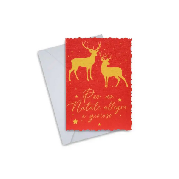 Elegant Christmas greeting card with gold reindeer design on red background, includes envelope, perfect for personalized holiday messages.