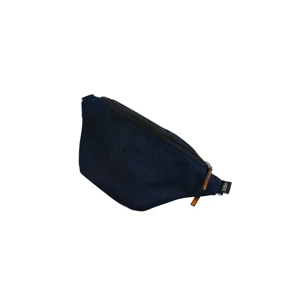 Navy blue dia-fanny pack with brown zipper pull for diabetic supplies and essentials