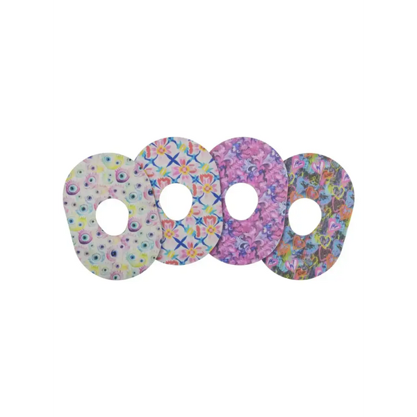 Colorful adhesive patches for Dexcom G7 sensor with spring designs.