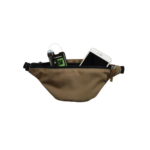 Tan Dia-Fanny Pack with electronic devices for diabetic supplies and insulin pump