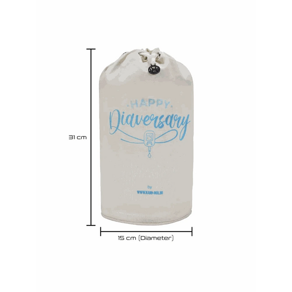 Kaio-Dia Diaversary Small Bucket Bag with dimensions 31 cm height by 15 cm diameter, eco-friendly cotton with 'Happy Diaversary' design.
