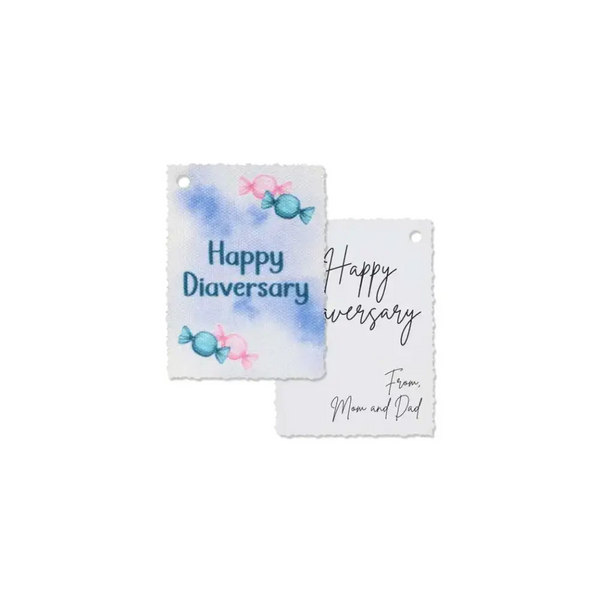 Diaversary gift tags with colorful candy designs, crafted on durable canvas.