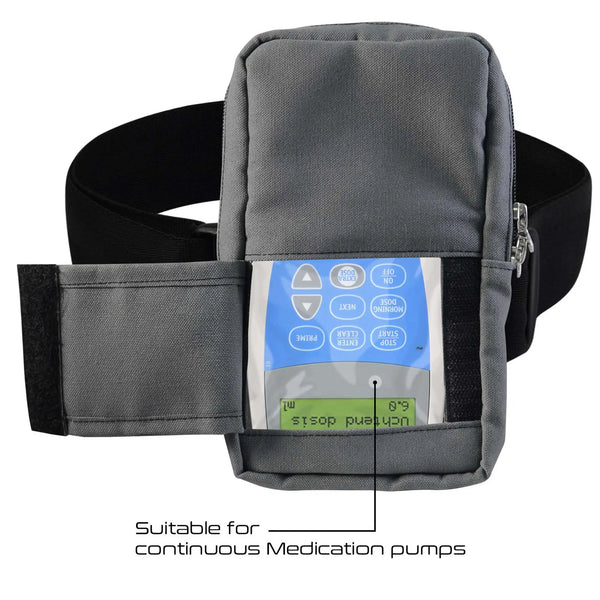 Grey vertical infusion pump bag with adjustable waist belt and transparent window for portable pumps
