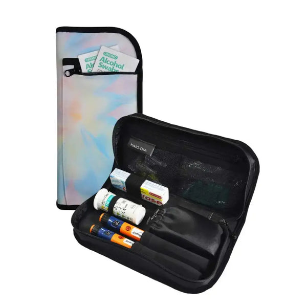 Diabetic travel case with insulin pen and glucose meter storage in summer vibes design.