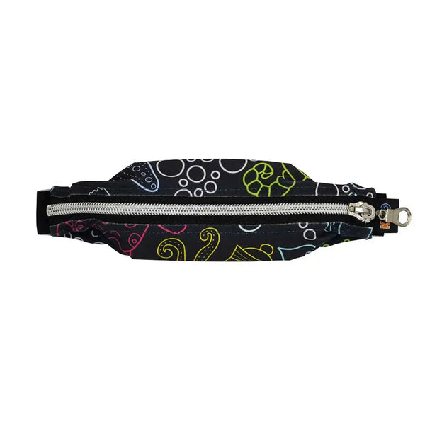 Wide Insulin Pump Belly Pouch with durable zipper, vibrant eco-friendly design, and rear tubing openings for secure, stylish wear.