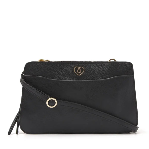 Elegant black leather diabetic supplies shoulder bag with adjustable strap, designed for stylish organization and easy access to medical essentials.