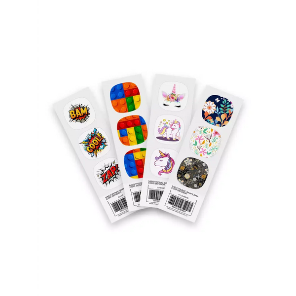 Medtronic Simplera CGM Stickers - Fun Vibes collection showcasing designs like BAM!, Lego, Unicorn, and Flowers. Customize and protect your CGM sensor with vibrant stickers.
