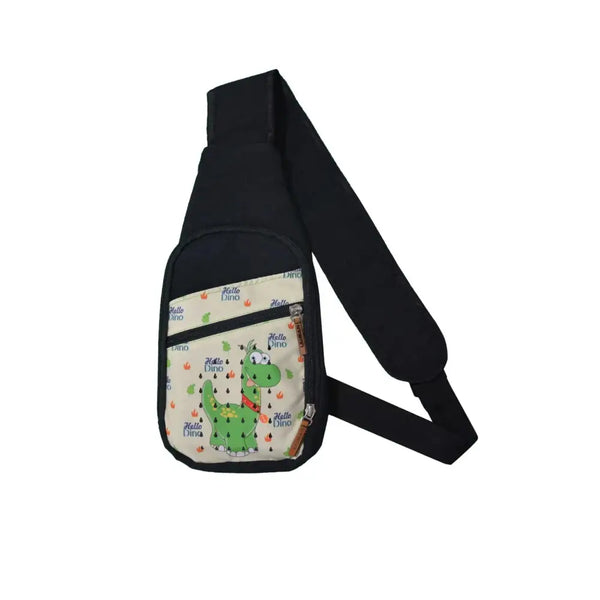 Children's shoulder bag with insulin cooling system featuring a dinosaur print for diabetes essentials storage and protection.