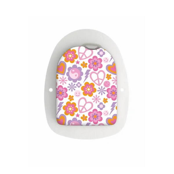 Retro Y2K sticker for POD Omnipod with colorful floral and peace sign pattern.