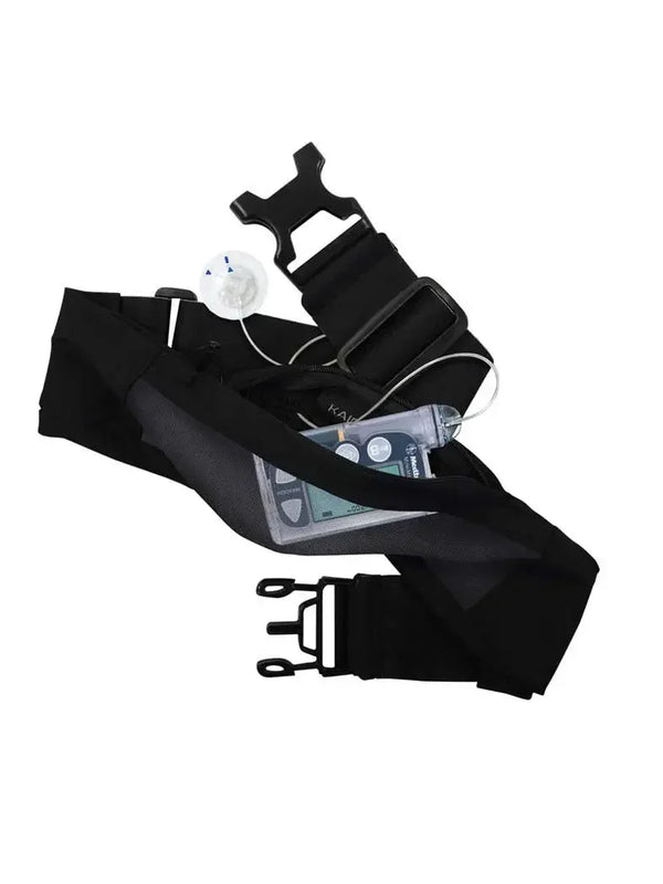 Insulin pump belt with mesh window for easy monitoring and control, featuring adjustable straps and soft fabric for comfort.