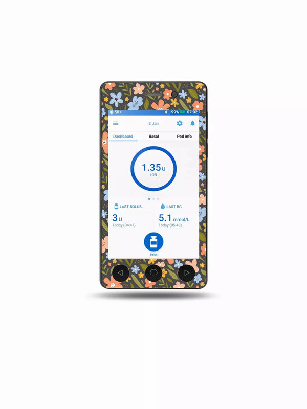 Floral Omnipod DASH stickers for spring decoration.