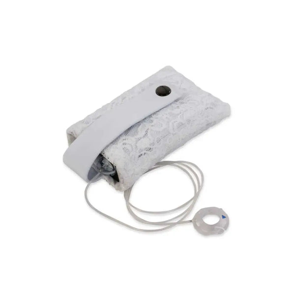 Lace bra pouch for insulin pump in white, designed for women with diabetes.