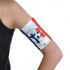Glucose sensor and pod armband with flag print design for secure fit during activities.
