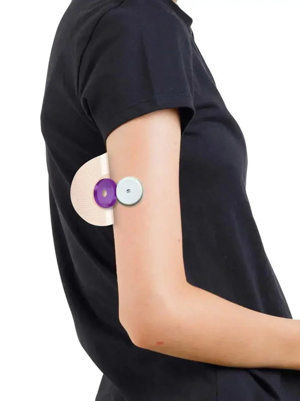 Libre 2 Tape Hat protecting sensor with reusable cap on arm.