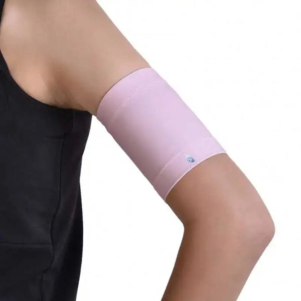 Protective armband for glucose sensors in pink, providing secure fit for Freestyle Libre, Dexcom, Eversense, and more.