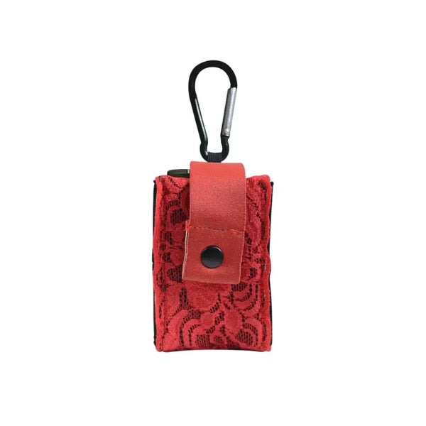 Red lace insulin pump pouch with carabiner clip for versatile attachment.