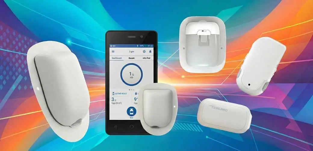 insulin patch pumps and smartphone app display showing modern tubeless insulin pump technology for diabetes management Immagine