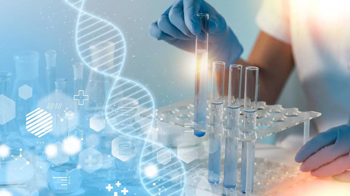 laboratory research scene with test tubes and dna graphics representing type 1 diabetes research and medical innovation