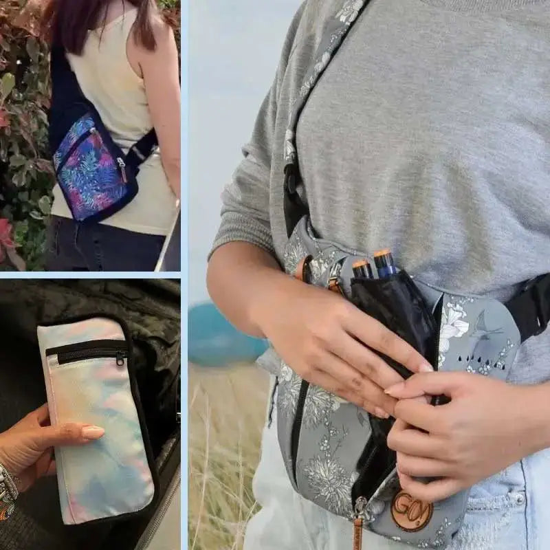 Collection of diabetes bags with cooling systems for insulin, featuring various styles like sling and fanny packs, worn by adults. Immagine