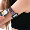 Dexcom G6 armband with glucose sensor for continuous blood sugar monitoring. Features a colorful, patterned design for secure and stylish sensor placement.