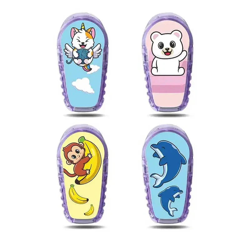 Collection of Dexcom G6 stickers featuring playful designs: unicorn cat, polar bear, monkey with bananas, and dolphins. Perfect Dexcom stickers for personalizing your glucose monitor. Immagine