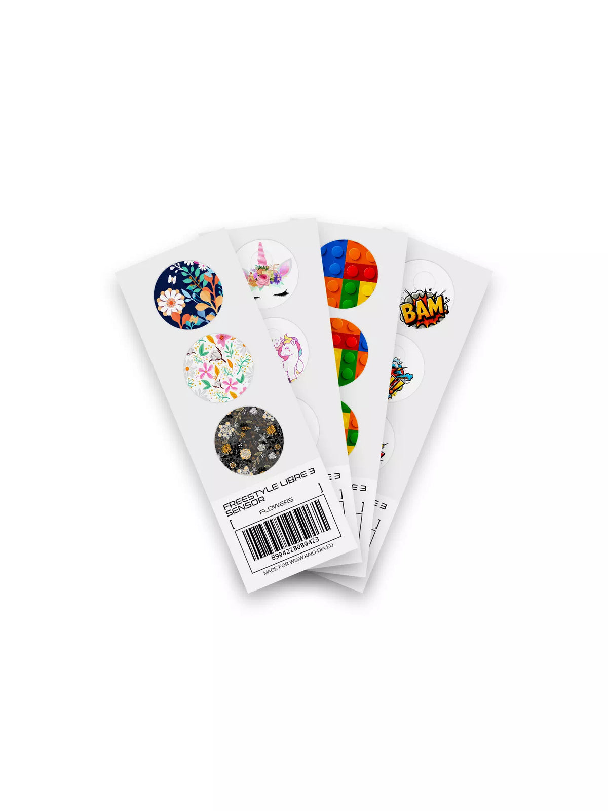 Fun Vibes Blood Glucose Sensor Stickers collection featuring designs like Flowers, Unicorn, Lego, and BAM! for Dexcom G7, Freestyle Libre, and more. Non-removable decals for CGM protection. Immagine