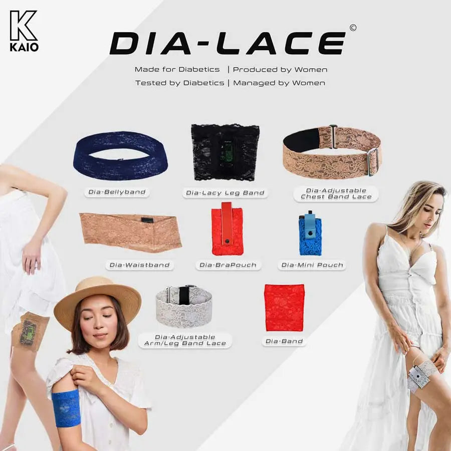 Lace accessories for insulin pumps and CGM devices, including bellybands, leg bands, waistbands, and pouches for daily wear. Immagine