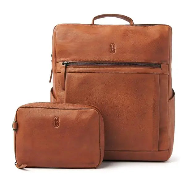brown leather backpack and pouch for diabetics with compartments for insulin and daily supplies Immagine