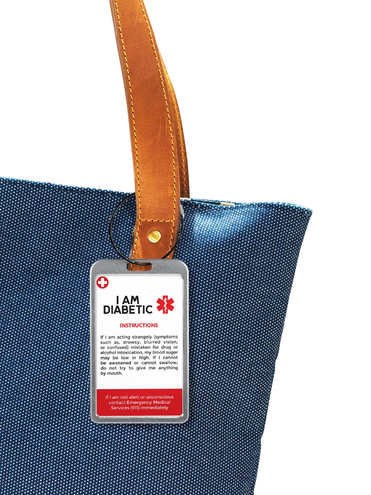 Diabetic Emergency ID Card, a Dia-Luggage ID Card, attached to a denim bag strap, providing vital instructions for emergencies. Immagine