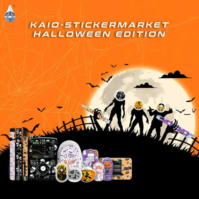 Halloween-themed image with zombies holding diabetes devices covered in Halloween stickers. "Kaio-Stickermarket Halloween Edition" text above. Immagine