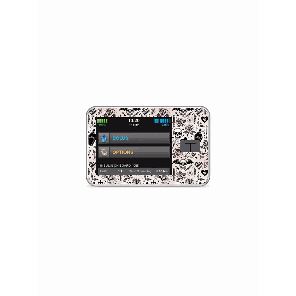 Insulin pump sticker with a black and white gothic Valentine's design featuring skulls, roses, and hearts for daily use. Immagine
