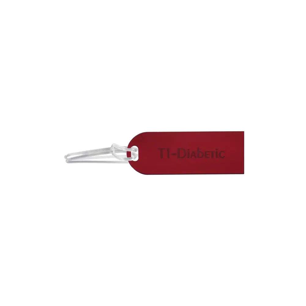 Diabetic luggage tag made from durable acrylic with T1-Diabetic inscription for easy identification.