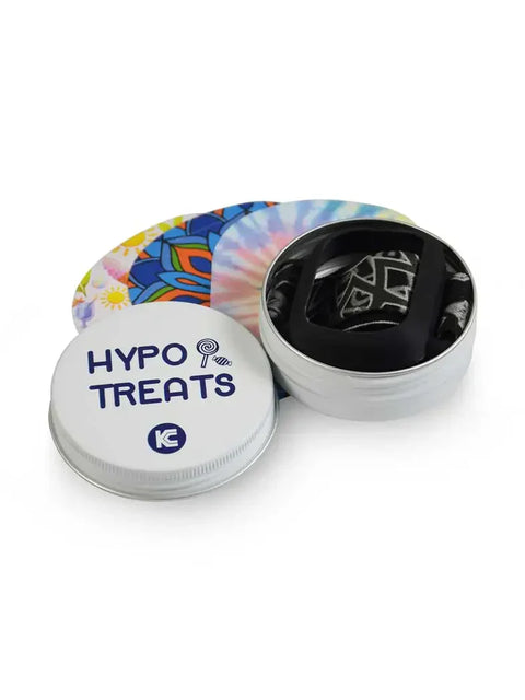 GlucoMen Day Armband with tin box and three unique stickers for insulin pump.