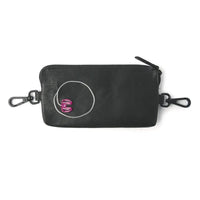 Stylish leather insulin pump waist pack with hooks and zippered pockets.
