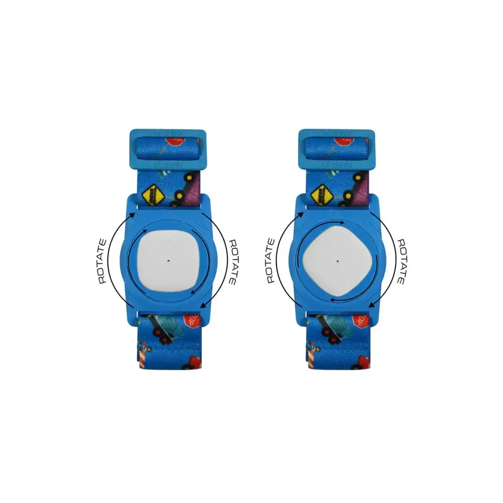 Medtronic Simplera children's armband with rotating clip and metal adjuster in blue print design.