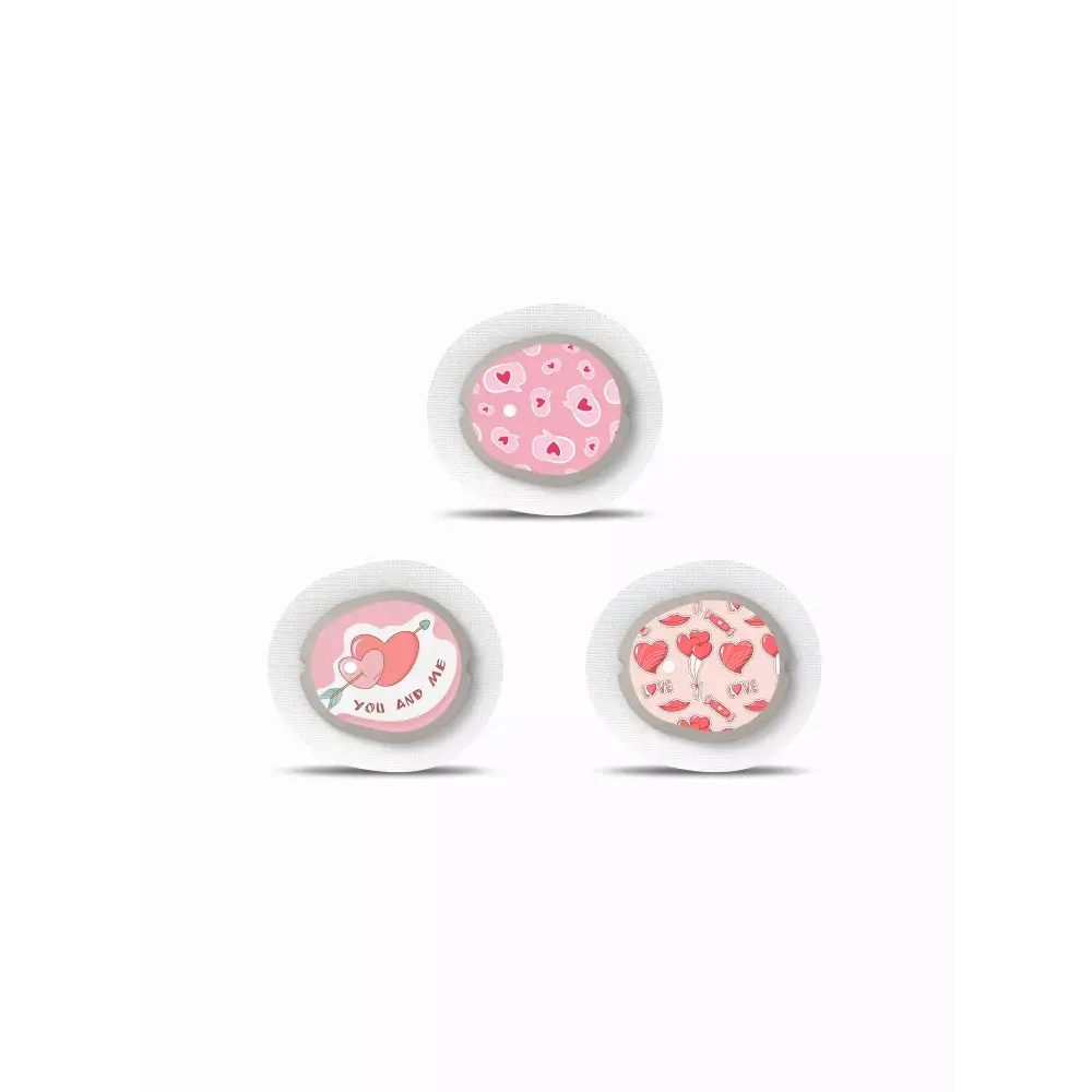 Valentine-themed Dexcom G7 sensor stickers with heart designs, set of 3.