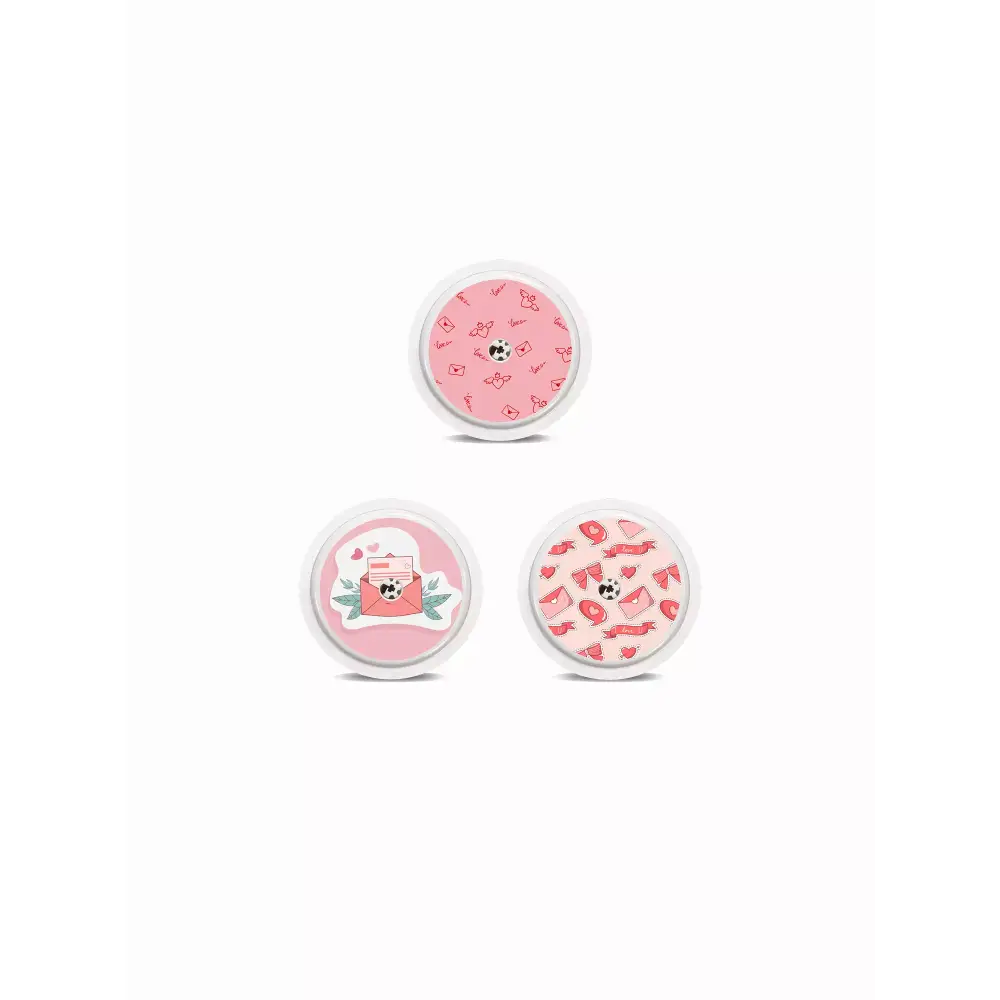 Valentine Edition Freestyle Libre 2 Sensor Stickers featuring rainbow hearts and love motifs, water-resistant and easy to apply.