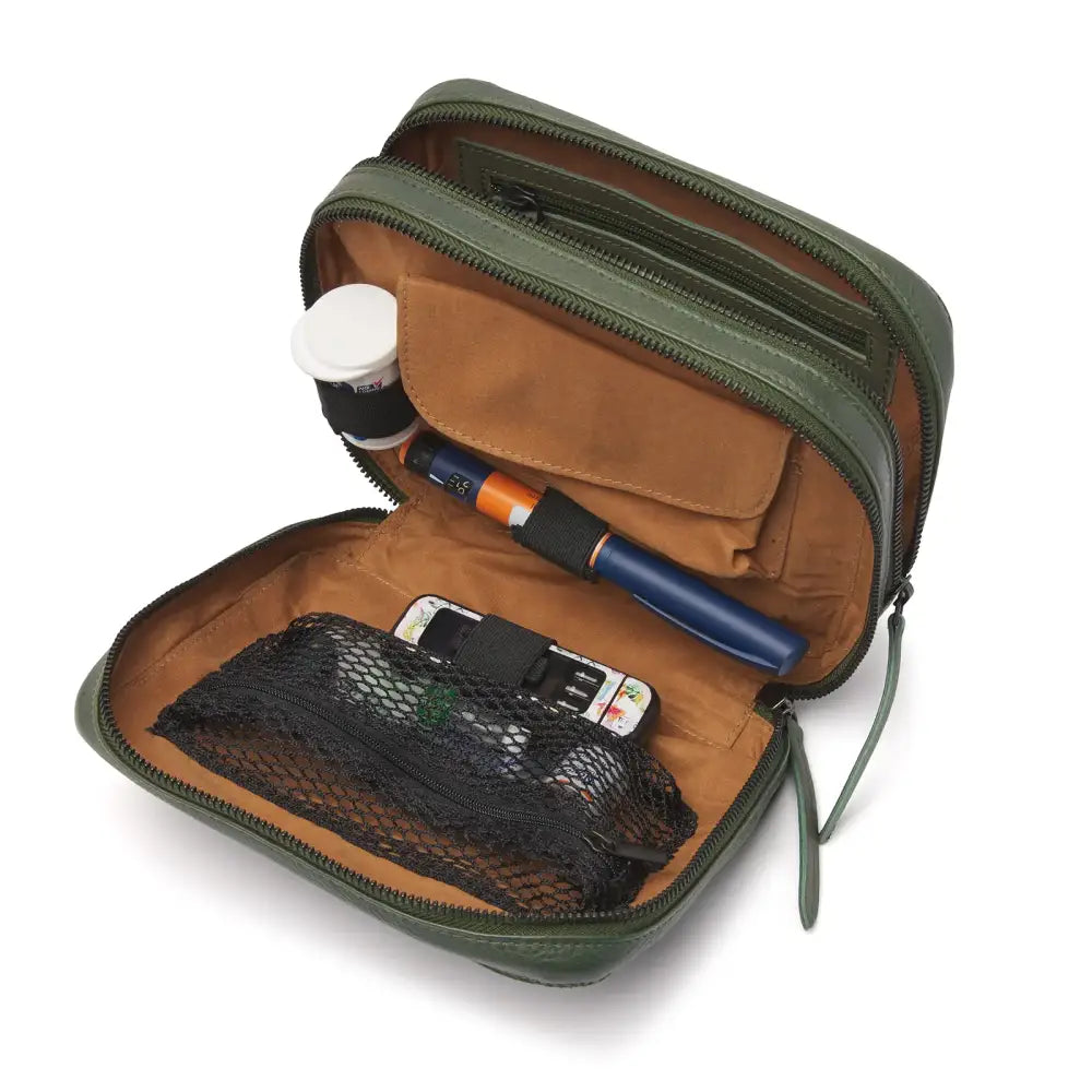 Interior of Green Leather Diabetic Supplies Shoulder Bag - ALICE showing compartments