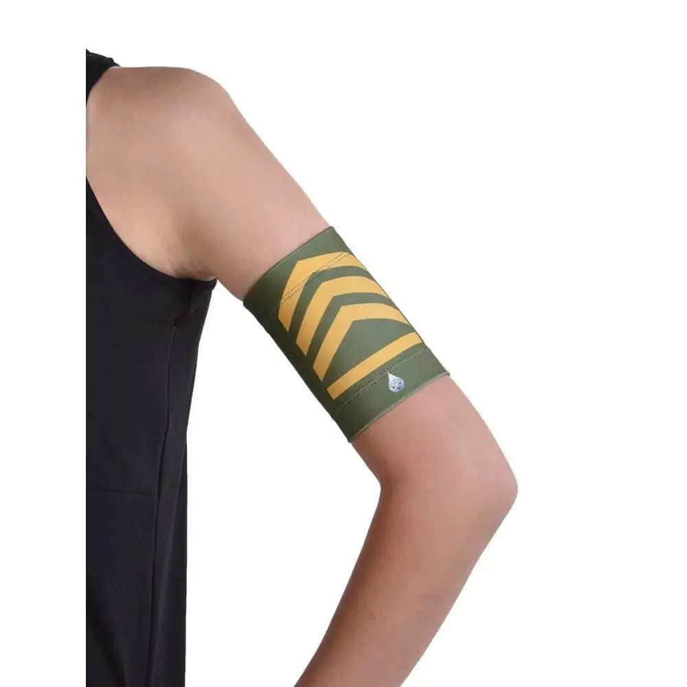 Blood glucose sensor armband for kids in stylish pattern, providing comfort and security for glucose sensors and pods.