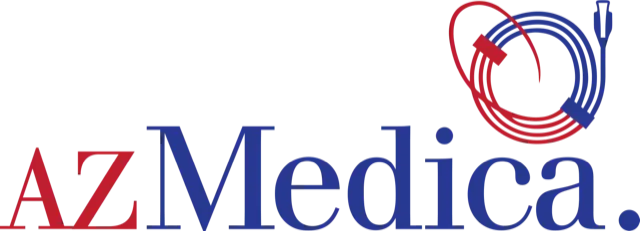 AZ Medica logo with red "AZ" and blue "Medica", featuring coiled red and blue medical cables. Immagine