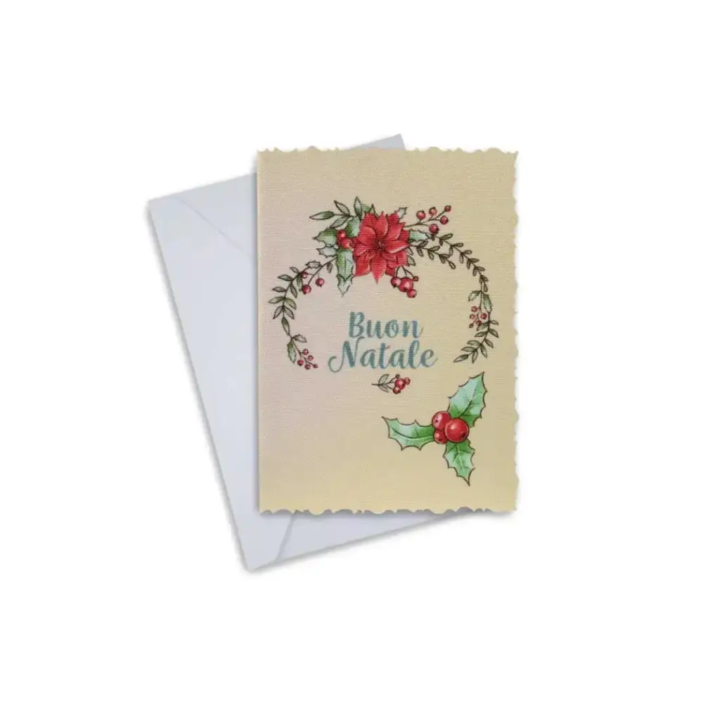 Elegant Christmas greeting card with festive design, featuring "Buon Natale" text and holiday floral artwork, includes envelope.