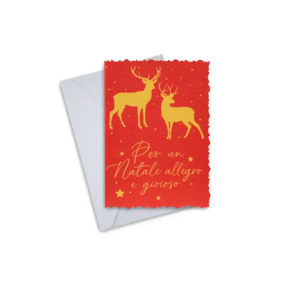 Elegant Christmas greeting card with gold reindeer design on red background, includes envelope, perfect for personalized holiday messages.