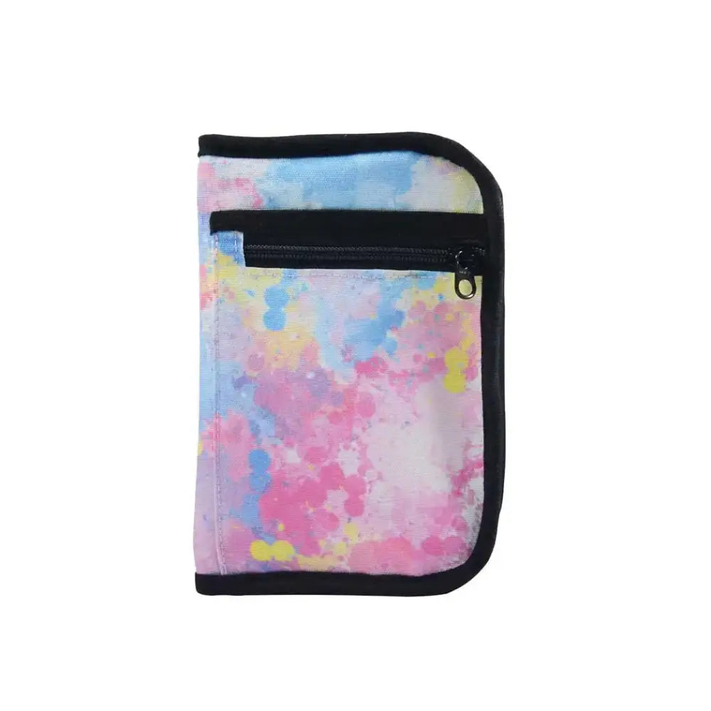 Compact diabetic travel case with colorful summer tie-dye design; ideal for organizing glucose meter, test strips, and more.