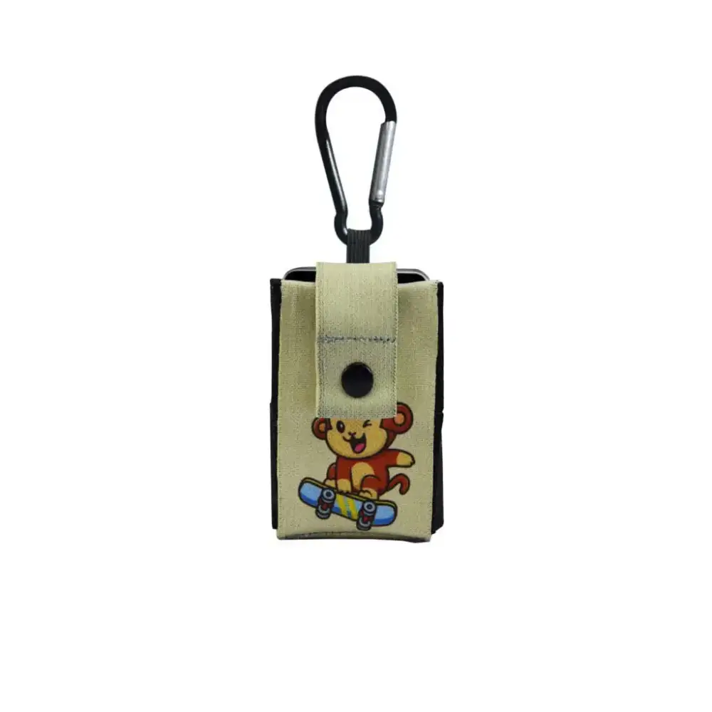 Compact Dia-Mini insulin pump pouch with carabiner, featuring a cute monkey design.