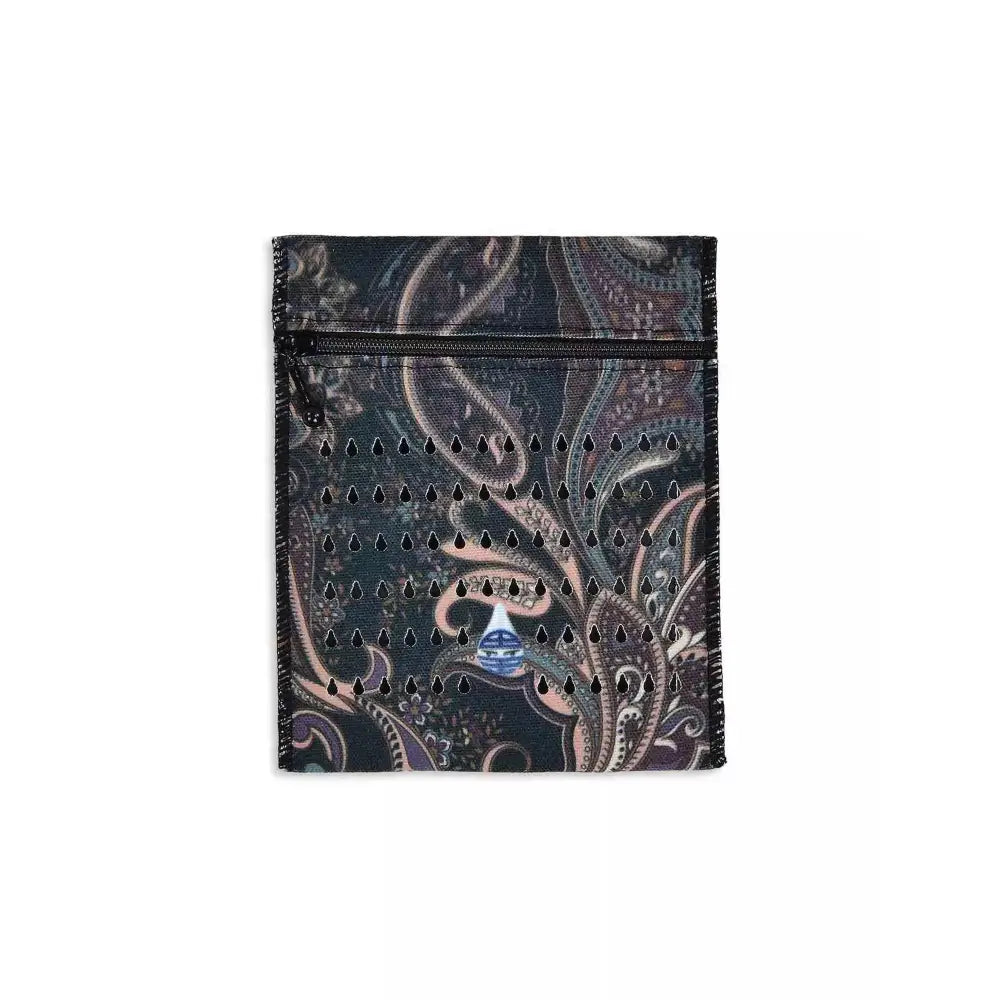 Compact Dia-Cool insulin travel case with cooling technology for 4 vials or eye drops, patterned fabric with zipper.